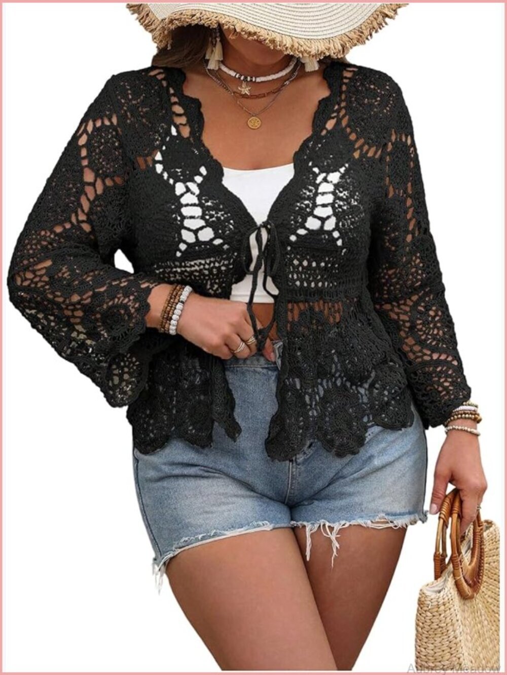 Plus Size Hollow Out Floral Tie Front Long Sleeve Boho Knit Cardigan